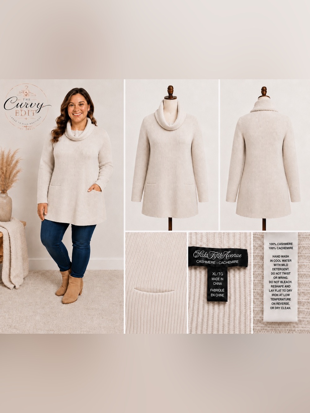 Saks Fifth Avenue 100% Cashmere Cowl Neck Tunic Sweater XL Ivory Pockets